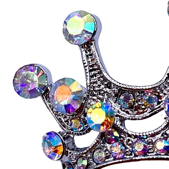 Vintage Style Princess Crown Brooch Pin Aurora Borealis Rhinestones Silver Tone - Picture 4 of 7